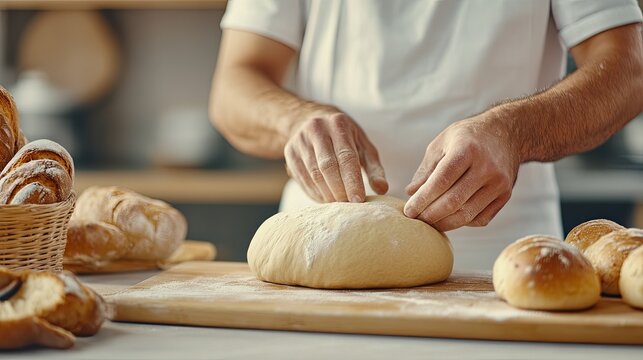 Bakers knead fresh pizza dough on wooden tables, preparing for baking in a school culinary class or home baking setting