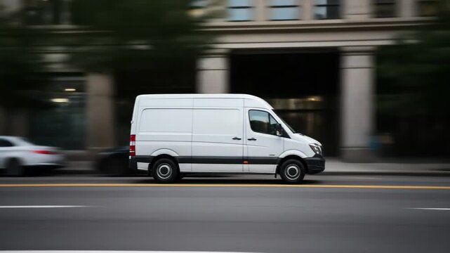 white car goods delivery crossing city streets