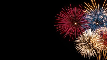 Fototapeta premium Vibrant fireworks light up the black night sky in red, purple, pink, and yellow, creating a festive atmosphere for a celebration or event