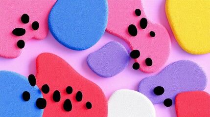 Colorful abstract background with black dots and a pink and white square in the middle. The background is made of different colored shapes and the dots are scattered throughout