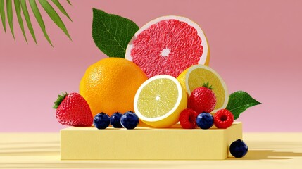 Colorful fruit display with a pink background. The fruits include oranges, lemons, raspberries, and blueberries