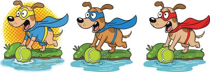Cute superhero dog cartoon playing with tennis ball near water, funny animal illustration, comic puppy hero costume art