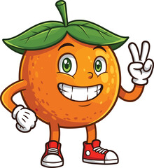 Cute orange fruit cartoon character illustration, smiling citrus mascot design, playful anthropomorphic artwork, peace sign gesture, cheerful vector food drawing