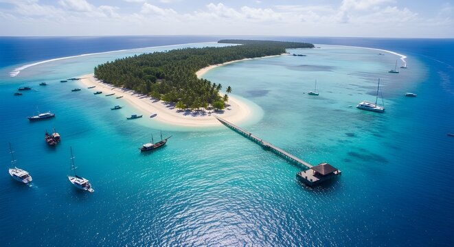 Aerial view of a tropical island with palm trees, white sand beach and turquoise water