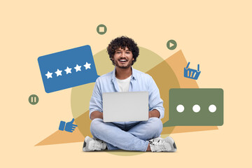 Content manager, creative collage. Happy man using laptop on beige background. Different icons around him