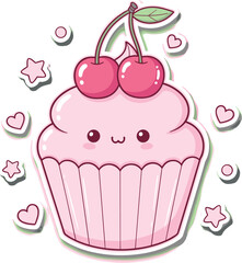 Cute pink cupcake with smiling face, kawaii cartoon dessert topped with cherries and hearts, playful sweet bakery design, cad drawing flat vector illustration