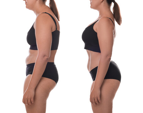Fototapeta Before and after collage showing woman with good and bad posture against white background, closeup