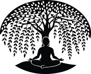 Person Meditating Under Willow Tree Silhouette   Tranquil Yoga Nature Scene © Shahar