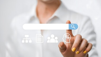 Innovative business woman using search bar for data analysis and strategic planning in cloud technology interface, modern solution for teamwork