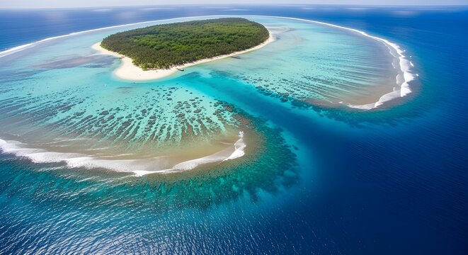Aerial view of a tropical island with turquoise waters and lush green vegetation in fiji