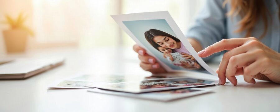 Woman looks at printed photos. Female reviews family photo archive on paper. Lady remembering happy family moments, childhood. People holding photograph. Photo album on desk with camera.