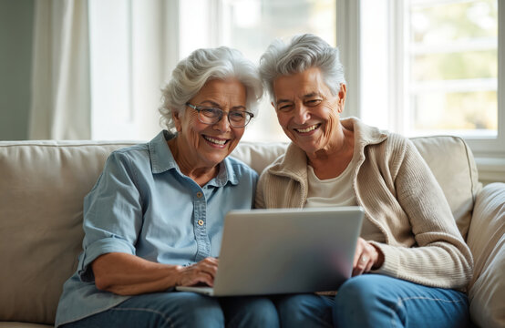 Two smiling senior women use laptop on sofa. They look at screen, communicate and share moments together at home. Happy elderly couple enjoys digital device and social connection.