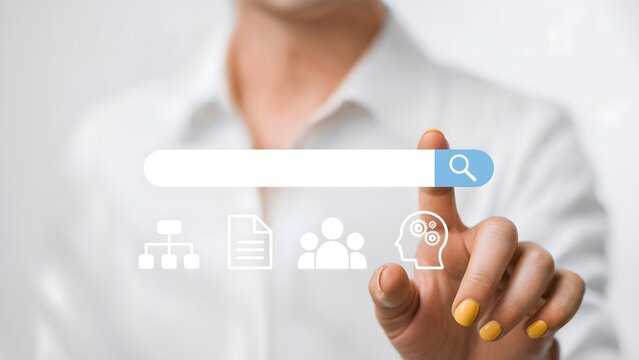 Innovative business woman using search bar for data analysis and strategic planning in cloud technology interface, modern solution for teamwork