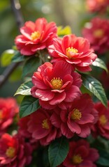 Close up of vibrant red camellia flowers blooming on bush. Sunlight shines on delicate petals, yellow stamens. Green leaves provide contrast. Beautiful blossoms grow in garden, show spring nature.