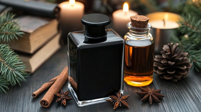A glass cup filled with herbal tea rests on an old book among spices, with a lit candle and dark liquid adding warmth to the ambiance