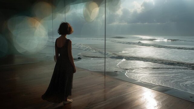 Young woman in a long dress standing on a wooden floor, contemplating the stormy sea with breaking waves and sunlight through a large panoramic window. Solitude and tranquility concept