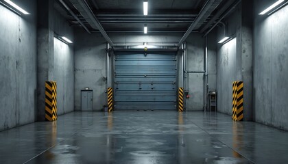 Empty industrial garage with concrete walls, wet floor. Large blue metal door stands at end. Fluorescent lights illuminate dark space. Yellow, black safety bollards mark area. Small gray door present.
