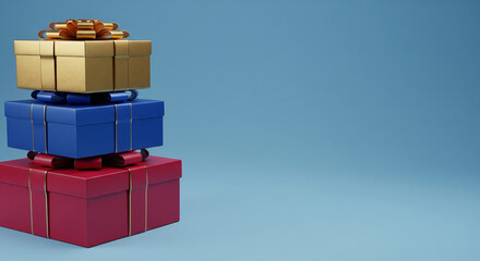 Stack of Gold, Blue, and Red Gifts on a Blue Background. A festive image for Christmas, holidays, and celebrations.
