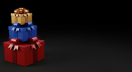 Elegant Stack of Gold, Blue, and Red Gifts on a Black Background. A luxurious image for holidays and celebrations.