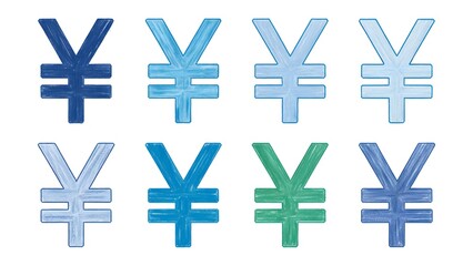 Yen currency symbols in various shades of blue and green against a clean white backdrop for finance marketing or global business presentations and accounting solutions