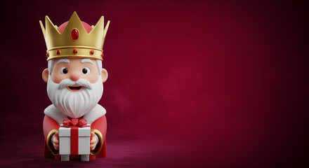 Christmas Wise Man Holding a Present on a Bright Red Background. A cheerful illustration for Epiphany and holiday themes.