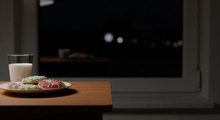 A Plate with Holiday Cookies and a Glass of Milk, set out for the Three Kings' (Reyes Magos) or Santa's visit.