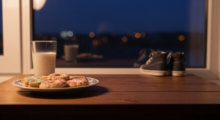 Shoes by the window with cookies and milk, a Spanish tradition for the Three Kings (Reyes Magos) on Epiphany.