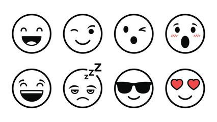 Fototapeta premium Variety of Emotional Expressions Eight Different Emoji Vector Set with Happy Winking Sleeping and Surprised Faces