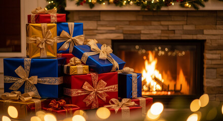Stack of Wrapped Christmas Gifts in Front of a Cozy Fireplace. A festive and warm holiday home scene.
