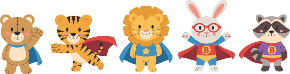 Superhero Animal Vector Set Featuring Bear, Tiger, Lion, Rabbit, and Raccoon in Capes and Costumes for Kids, Fun, and Character Design