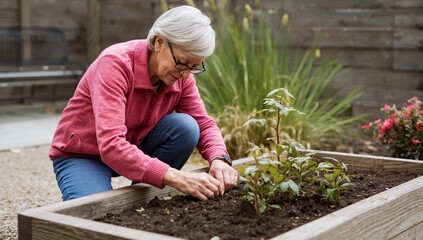 Fototapeta premium Senior Woman Gardening and Tending to Plants in a Sunny Outdoor Space During Springtime