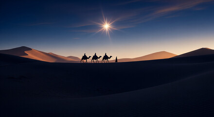 Silhouette of the Three Kings (Reyes Magos) on Camels, traveling through the desert at sunrise. An Epiphany journey.