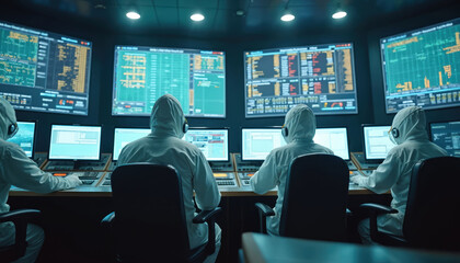 Team in hazmat suits works in sophisticated control room. Monitor real-time complex data on many computer screens, large wall displays. Operators manage critical systems, ensuring high security,