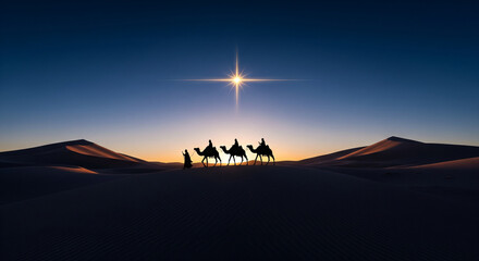 Sunrise Silhouette of the Wise Men on Camels in the Desert. A dramatic and spiritual depiction of the Epiphany journey.