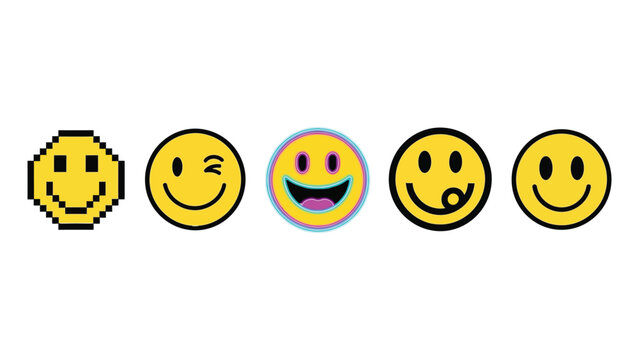 Diverse collection of expressive smiley faces representing different emotions and digital art styles