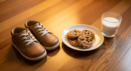Shoes with Milk and Cookies, representing the Epiphany tradition for the Three Kings (Reyes magos). A conceptual image.