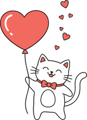 Cute white cartoon cat holding red heart balloon, smiling with bow tie, love celebration vector, isolated on white background