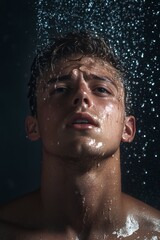 A man with a surprised expression as he is sprayed by water from above.