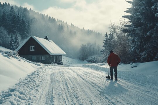 A man in a red jacket is walking on a snowy road. He is holding a snow shovel