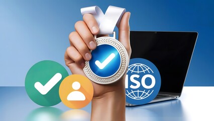 Hand proudly displays a silver ISO standard medal with checkmark, symbolizing quality assurance and customer satisfaction, showcasing success and achievement online