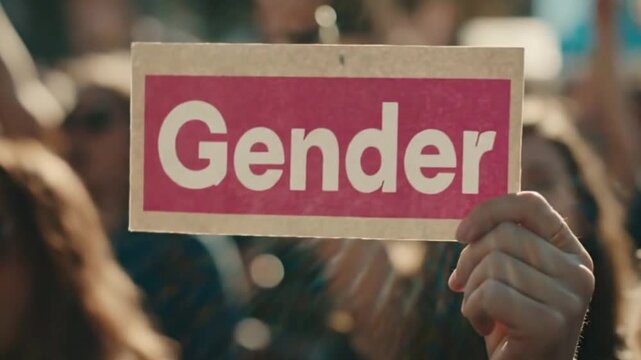 A close-up, dynamic shot focuses on a person's hand holding a sign that prominently displays the word "Gender" in bold white letters against a vibrant pink background. The background is artfully blurr