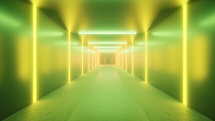 hallway; green and yellow corridor illuminated with glowing lights