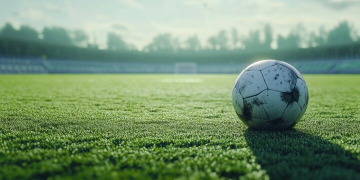 A soccer ball sitting in the center of a soccer field. - Powered by Adobe