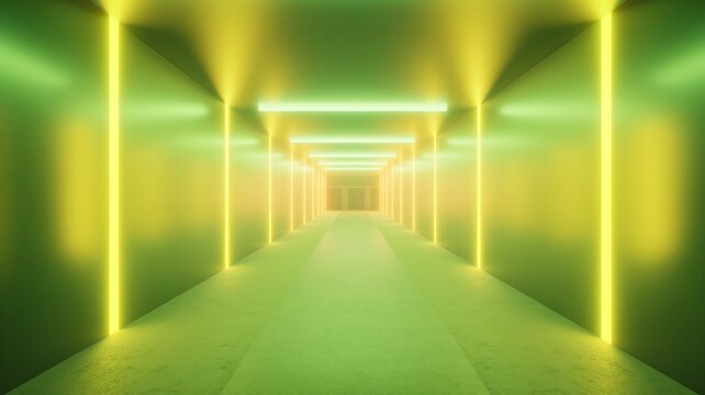 hallway; green and yellow corridor illuminated with glowing lights