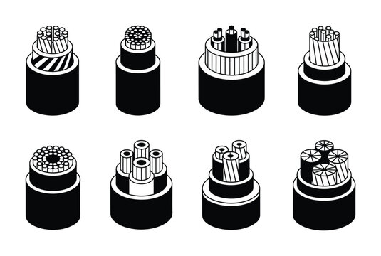 Electric cable cross section wire icons vector set