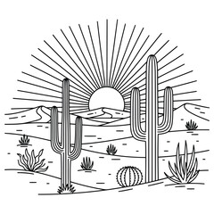 Desert landscape with saguaro cactus and sunburst at sunrise