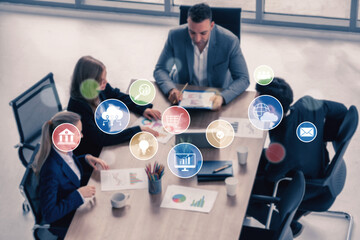 Set of business and digital service icons representing finance, cloud, analytics, email, communication, ecommerce, cybersecurity, and global connectivity in a modern ecosystem Vouch