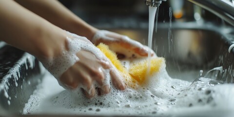 A person washing their hands under a running faucet.