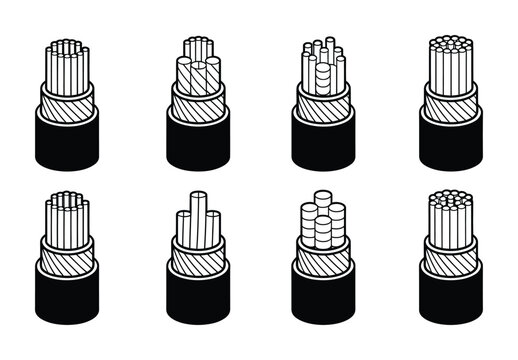 Electric cable cross section technology wire icons set