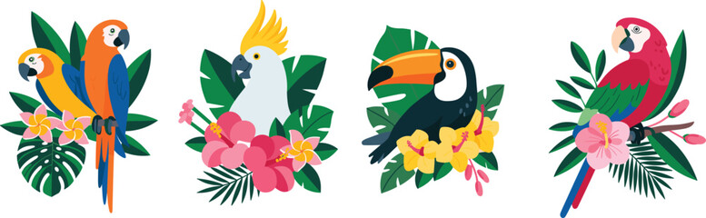 Obraz premium Tropical Birds on Flowering Branches – Vector Set of Colorful Parrots, Cockatoo, and Toucan with Jungle Leaves for Nature, Decor, and Kids